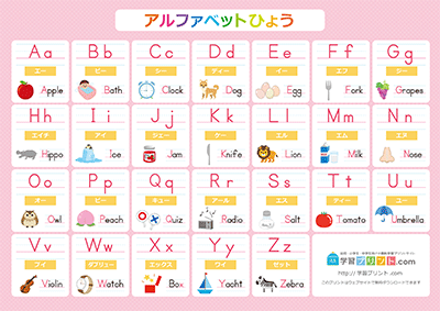アルファベット表 罫線入りイラスト付き ピンク A3