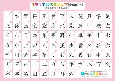 小学1年生の漢字一覧表（チェック表） ピンク A3