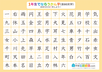 小学1年生の漢字一覧表（丸チェック表） オレンジ A4