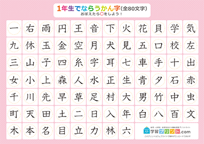 小学1年生の漢字一覧表（丸チェック表） ピンク A4