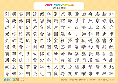 小学2年生の漢字一覧表（漢字のみ） オレンジ A4
