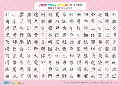 小学2年生の漢字一覧表（丸チェック表） ピンク A3
