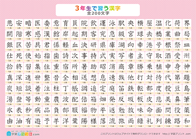 小学3年生の漢字一覧表（画数付き） ピンク A3