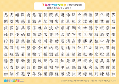 小学3年生の漢字一覧表（丸チェック表） オレンジ A3