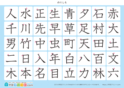 小学1年生の漢字一覧表（筆順付き）A4 ブルー 下