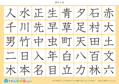 小学1年生の漢字一覧表（筆順付き）A4 オレンジ 下