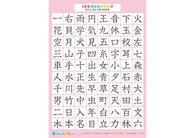 小学1年生の漢字一覧表（筆順付き） ピンク A4