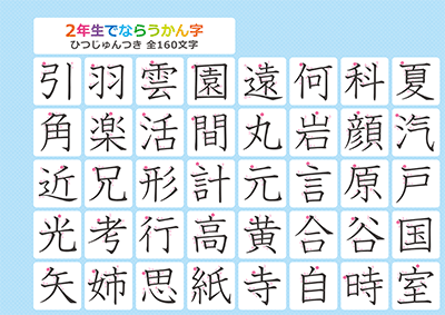 小学2年生の漢字一覧表（筆順付き）A4 ブルー 左上