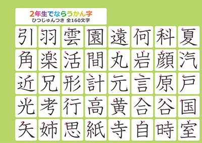 小学2年生の漢字一覧表（筆順付き）A4 グリーン 左上