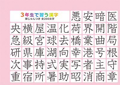 小学3年生の漢字一覧表（筆順付き）A4 ピンク 左上
