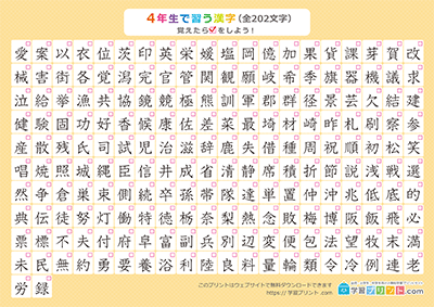 小学4年生の漢字一覧表（チェック表） オレンジ A4