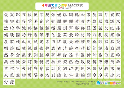 小学4年生の漢字一覧表（丸チェック表） グリーン A4