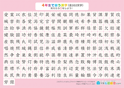 小学4年生の漢字一覧表（丸チェック表） ピンク A4