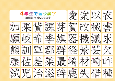 小学4年生の漢字一覧表（筆順付き）A4 オレンジ 左上
