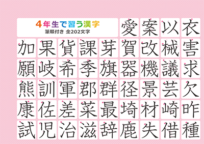 小学4年生の漢字一覧表（筆順付き）A4 ピンク 左上