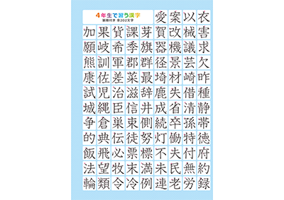 小学4年生の漢字一覧表（筆順付き）A3 ブルー 左