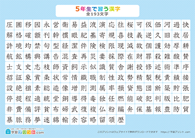 小学5年生の漢字一覧表（漢字のみ） ブルー A4