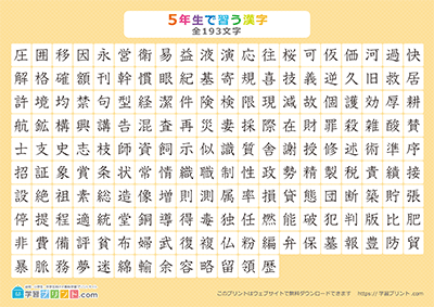 小学5年生の漢字一覧表（漢字のみ） オレンジ A4
