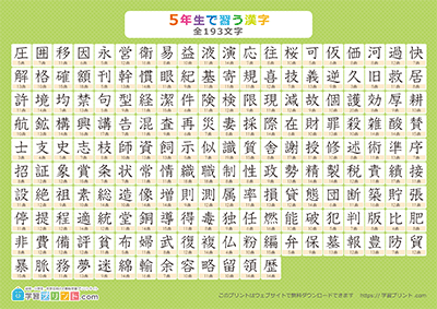 小学5年生の漢字一覧表（画数付き） グリーン A3