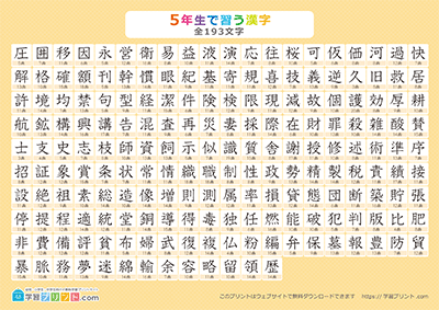 小学5年生の漢字一覧表（画数付き） オレンジ A4