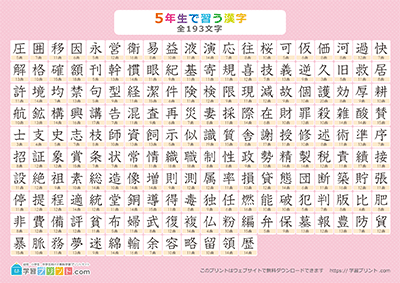小学5年生の漢字一覧表（画数付き） ピンク A3