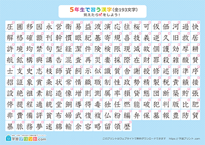 小学5年生の漢字一覧表（チェック表） ブルー A3
