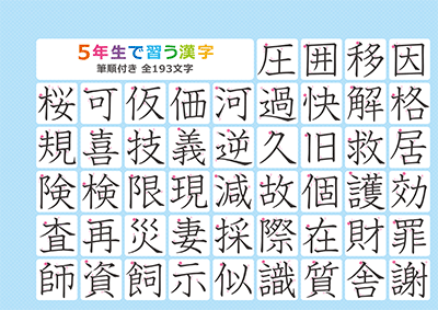 小学5年生の漢字一覧表（筆順付き）A4 ブルー 左上