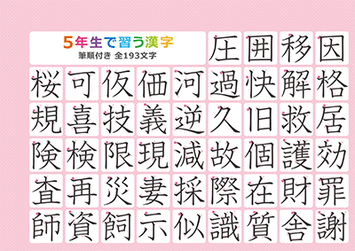 小学5年生の漢字一覧表（筆順付き）A4 ピンク 左上