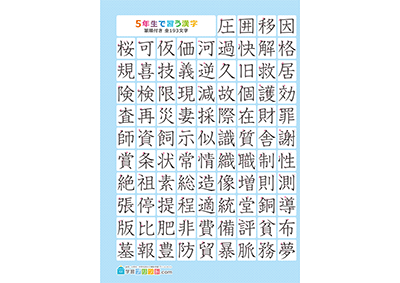 小学5年生の漢字一覧表（筆順付き）A3 ブルー 左