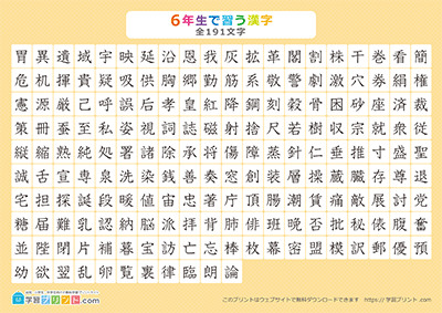 小学6年生の漢字一覧表（漢字のみ） オレンジ A4