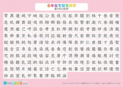小学6年生の漢字一覧表（漢字のみ） ピンク A4