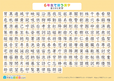 小学6年生の漢字一覧表（画数付き） オレンジ A4