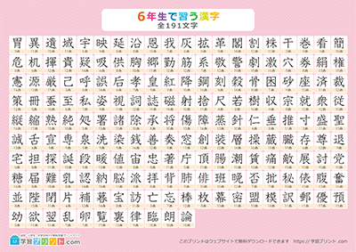 小学6年生の漢字一覧表（画数付き） ピンク A4