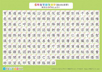 小学6年生の漢字一覧表（チェック表） グリーン A4