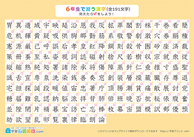 小学6年生の漢字一覧表（チェック表） オレンジ A3
