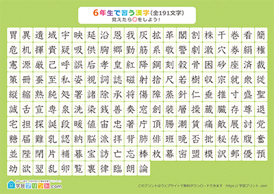 小学6年生の漢字一覧表（丸チェック表） グリーン A4