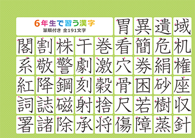小学6年生の漢字一覧表（筆順付き）A4 グリーン 左上
