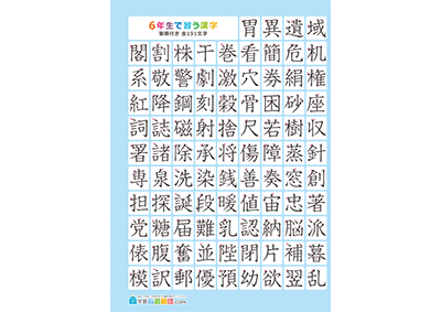 小学6年生の漢字一覧表（筆順付き）A4 ブルー 左
