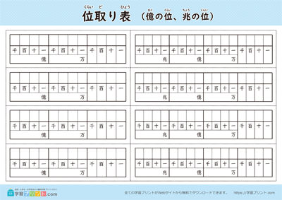位取り表（億と兆の位まで）位なし 白黒