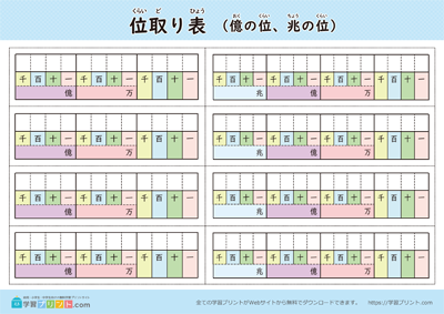 位取り表（億の位・兆の位）位なし カラー