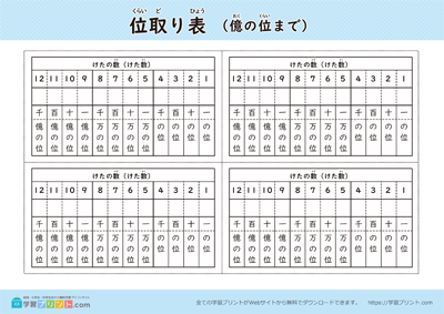 位取り表（億の位まで）位あり 白黒