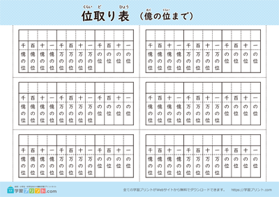 位取り表（億の位まで）位あり 白黒