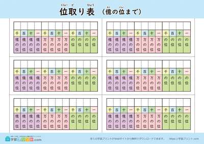 位取り表（億の位まで）位あり カラー