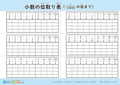 小数の位取り表（ノート用）白黒