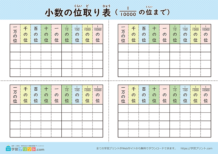 小数の位取り表（ノート用）カラー