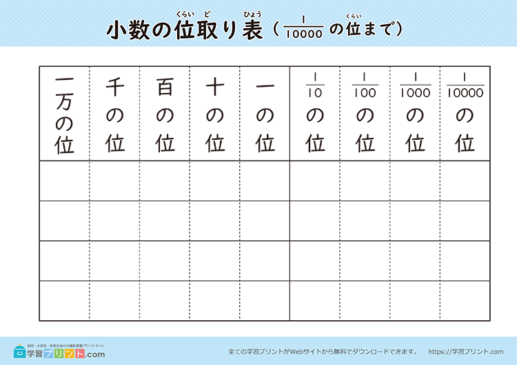小数の位取り表（ポスター）白黒