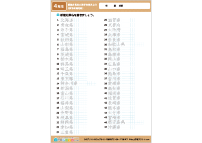 日本地図（都道府県名の漢字を覚えよう）の1ページの漢字練習プリント