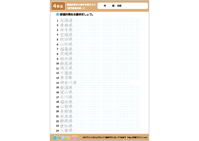 日本地図（都道府県名の漢字を覚えよう）の漢字練習用紙（2ページ分割）1
