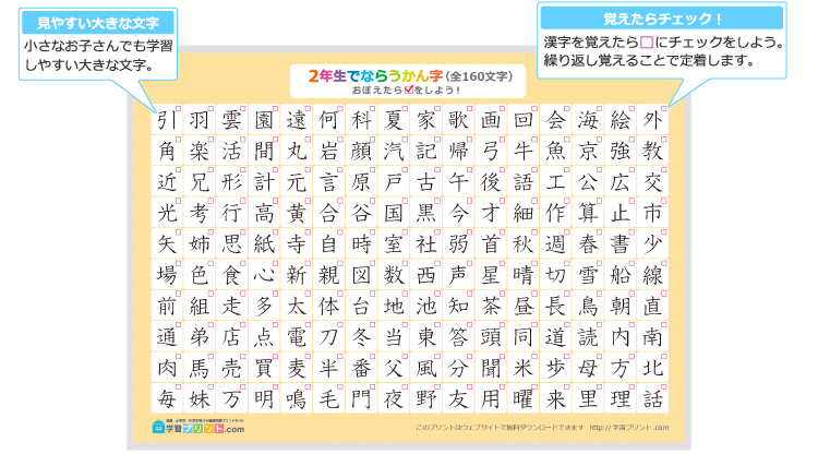 小学2年生の漢字一覧表（チェック表）のプリントの解説