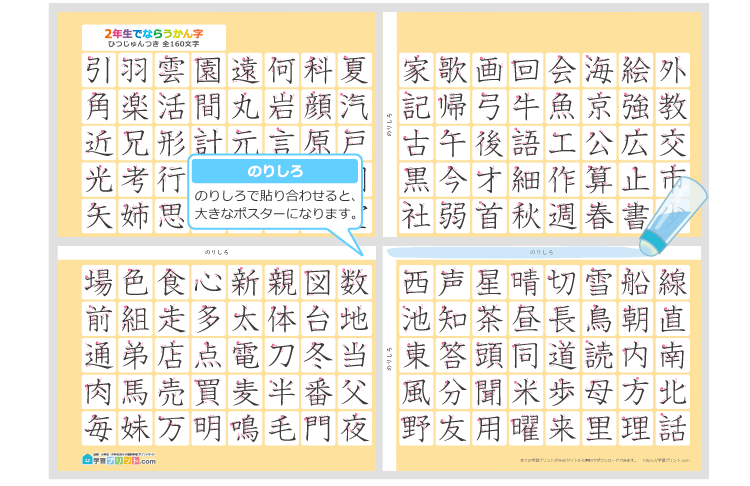 小学2年生の漢字一覧表（筆順付き）4枚で1組のプリントの解説